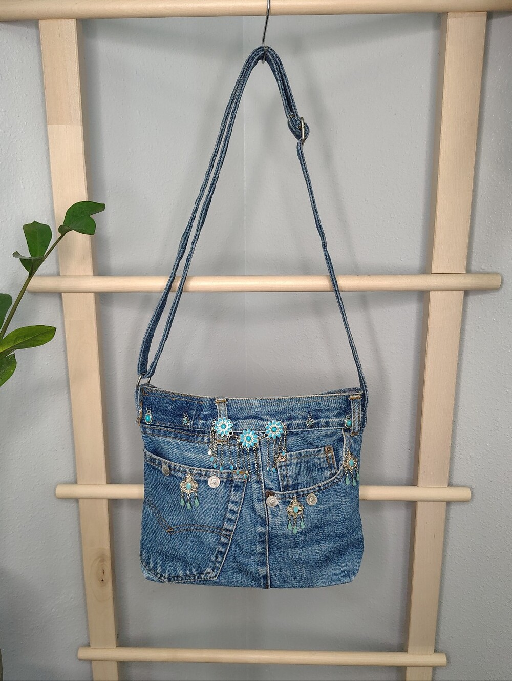 Handmade Y2k Boho Western Denim Crossbody Shoulder Bag with Bead Accents - Blue - Picture 3 of 14